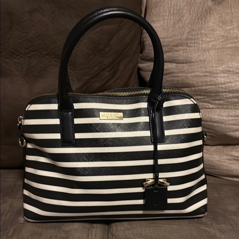 EUC-Kate Spade Black and White Striped Handbag with Dust Bag